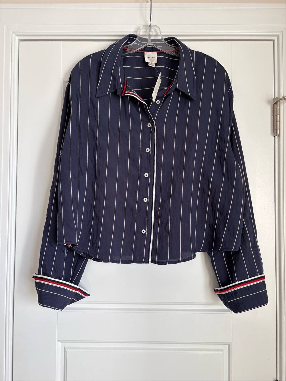 NWT Maeve Striped Navy Button-Up Blouse with Red Trim